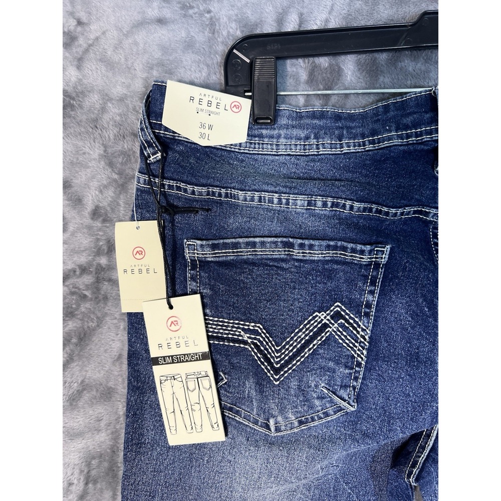 Artful Rebel Mens Slim Straight Leg Jeans Medium Wash Blue Denim 36W 30L NEW - Picture 13 of 16